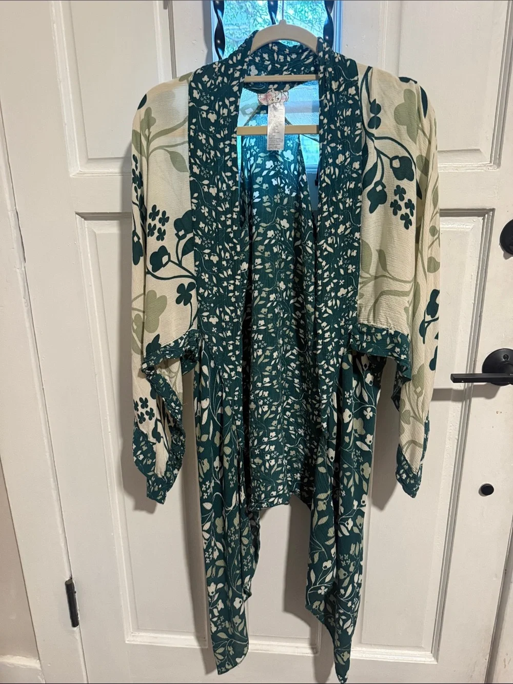 Free People Green and Cream Floral Kimono Cardigan